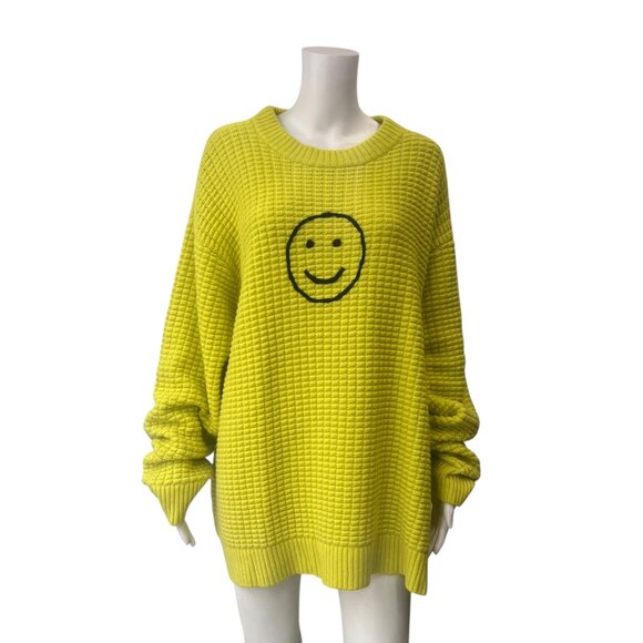 $1695 NWT The Elder Statemans Yellow Smiley Face Waffle Knit Crew Neck Sweater L - Picture 2 of 11